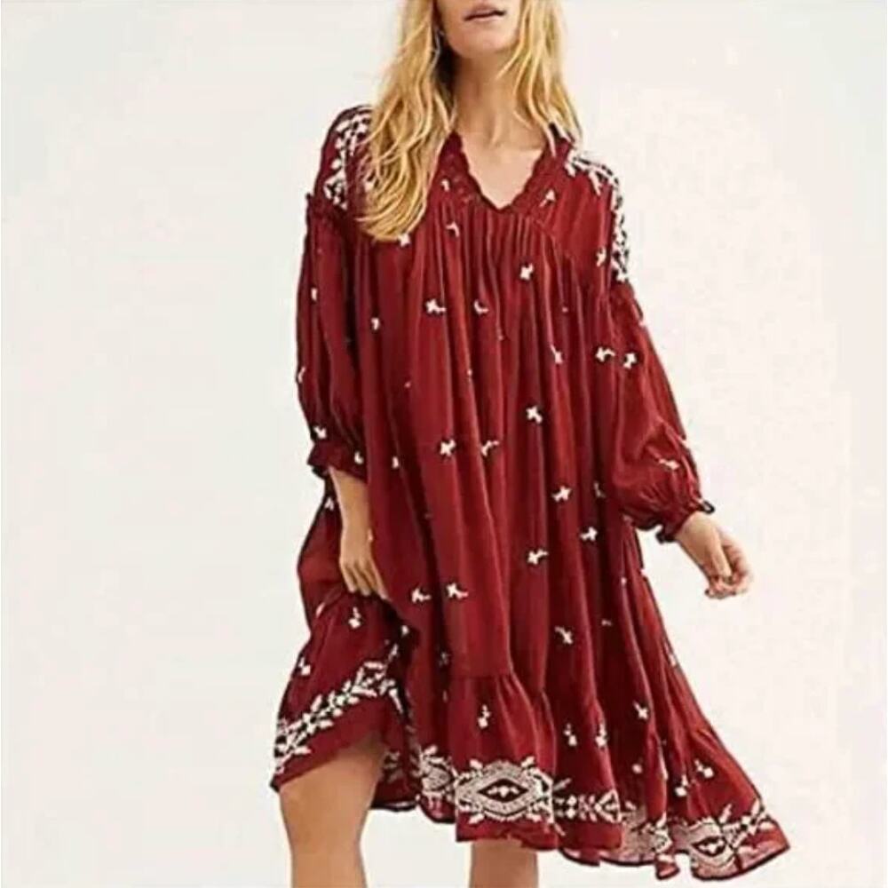 Free People Burgundy Embroidered Midi Dress